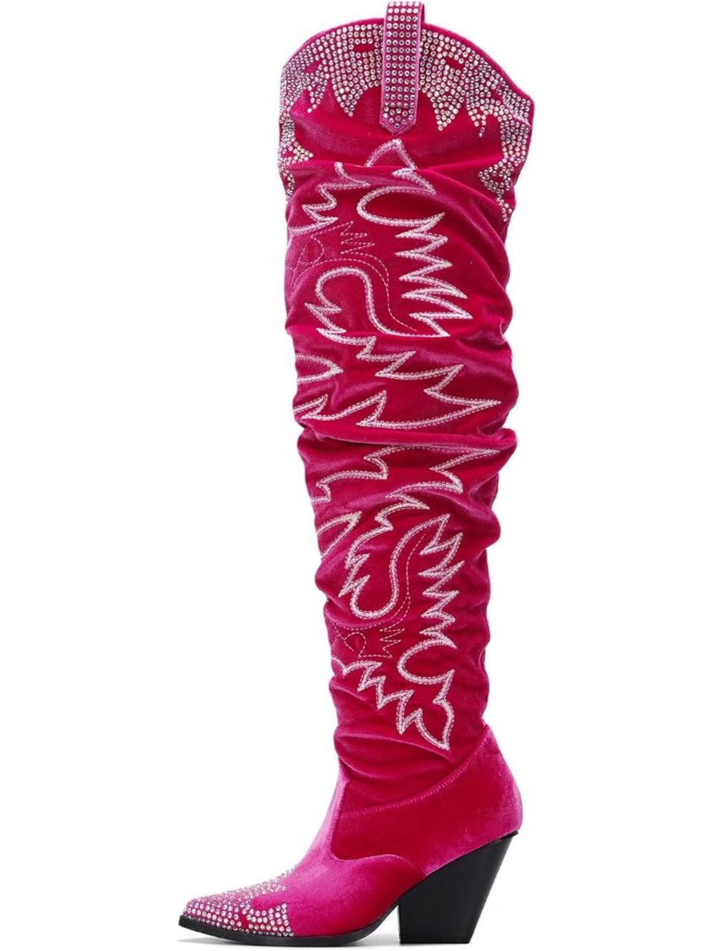 🆕 Women's Fuchsia Rhinestone Embroidered Cowboy Wide Calf Over The Knee Boots